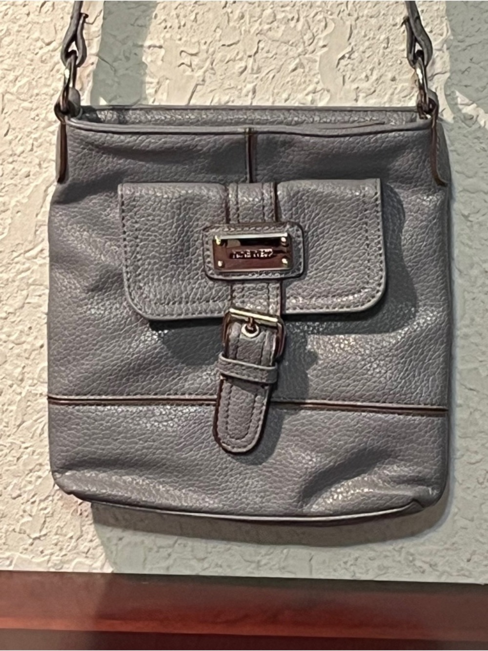 Nine West Gray Pebbled Non-Leather Buckle-Front Crossbody